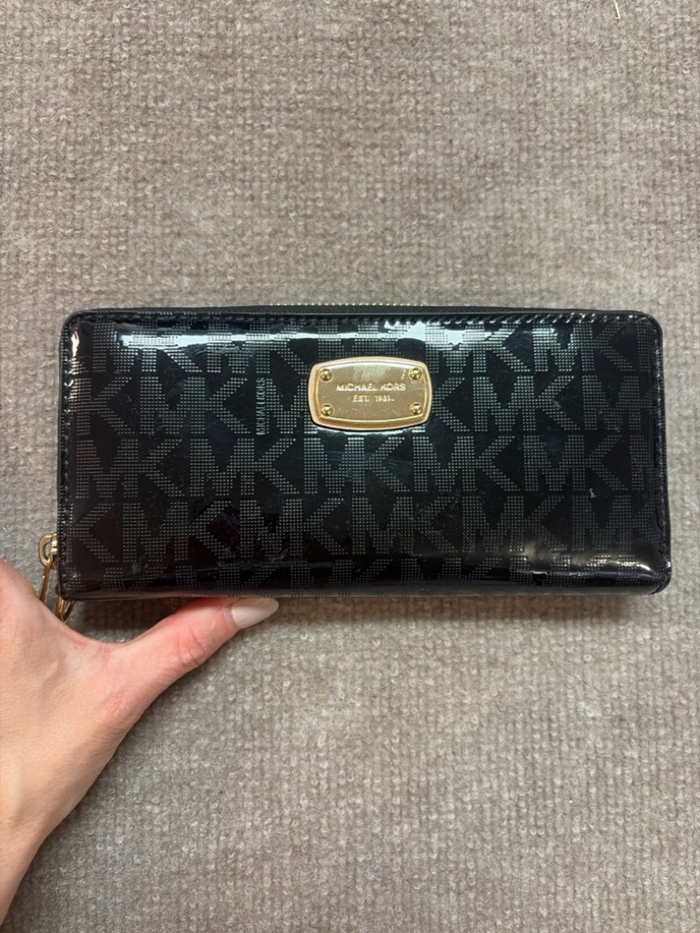 Michael Kors Black Monogram Patent Wallet with Gold Plaque